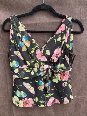 Y2K Floral V-Neck Tie-Front Tank Top - Black with Pastel Blooms